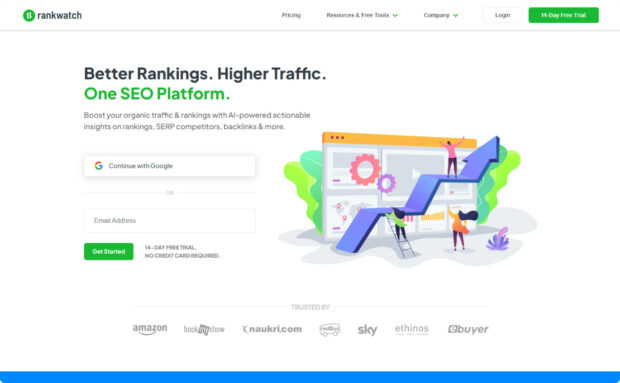 Homepage of Rankwatch with features highlighted for improving SEO and web traffic.